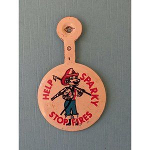 VINTAGE HELP SPARKY STOP FIRES Pin Pinback Button Metal Fold over tin litho